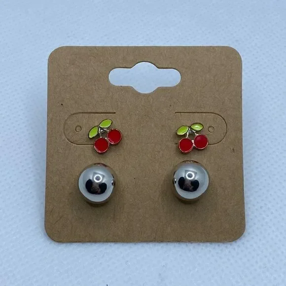 💛 Cherry & Silver Ball Earring Set - Picture 1 of 2